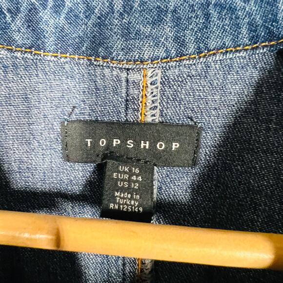 Topshop CHambray Apron Dress Empire Waist Blue Zip Front Casual Midi - 12 - Picture 4 of 5